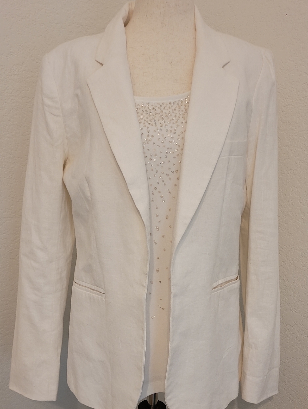 Women's White Linen-Blend Blazer - Tailored Notch Lapel Jacket